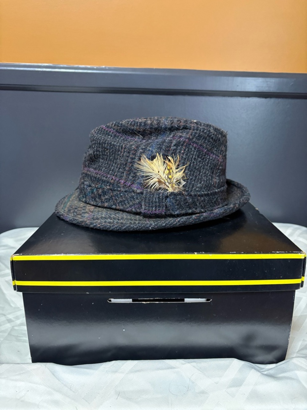 Vintage Churchill Ltd Men's Brown Tweed Fedora Hat with Feather Accent